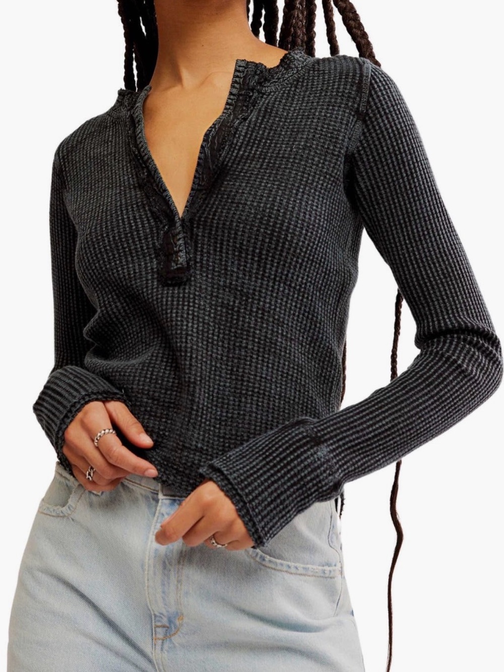 Free People Long Sleeve Waffle Knit Henley Top